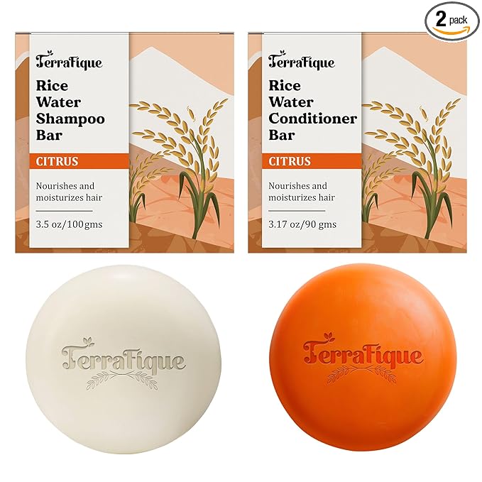 TERRAFIQUE Rice Water Shampoo and Conditioner Bar Set - Citrus Scent - for Thinning, Dry, Damaged Hair - Travel Friendly - 3.17 Oz skincare
