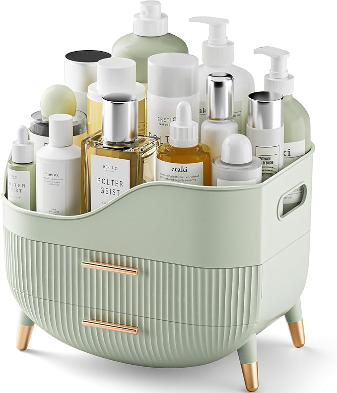 Pajiriona Makeup Organizer with Drawers, Green Skincare Organizer for Vanity, Storage Box with Handle, Large Cosmetic Display Case for Dresser, Bathroom Countertop skincare