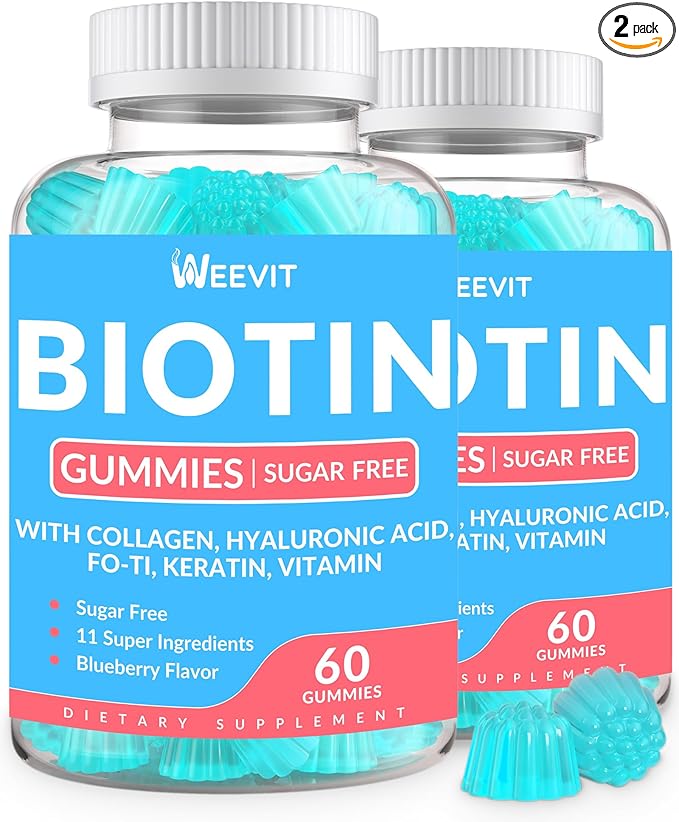 WEEVIT Sugar-Free Biotin Gummies, Biotin and Collagen Gummies with Keratin, Hyaluronic Acid for Women & Men | Hair Growth, Glowing Skin & Strong Nails | Vitamin B7 Supplement, Non-GMO, Chewable skincare