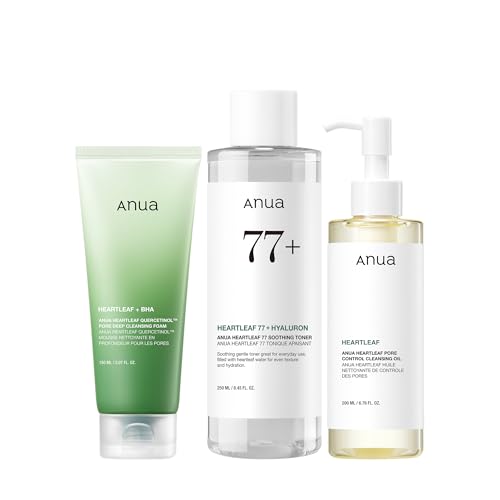 ANUA Anua Heartleaf Trio: Pore Control Cleansing Oil & Quercetinol Pore Deep Cleansing Foam & 77 Soothing Toner, Double Cleansing, Gentle Korean Skincare Korean Oil Cleanser