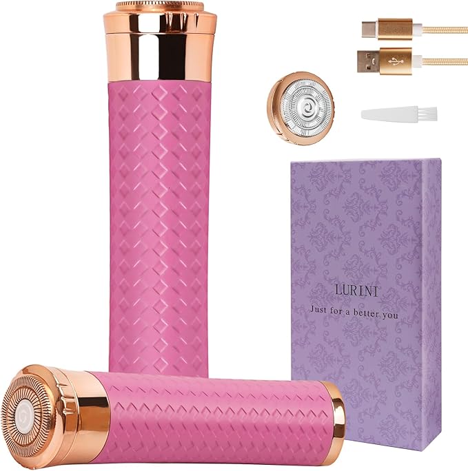 Lurini Facial Hair Remover for Women, Painless Rechargeable Hair Removal Device, Comes with 2 Replacement Heads, Portable Electric Shaver/Razors for Face, Chin, Upper Lip, arms and Peach Fuzz (Pink) skincare