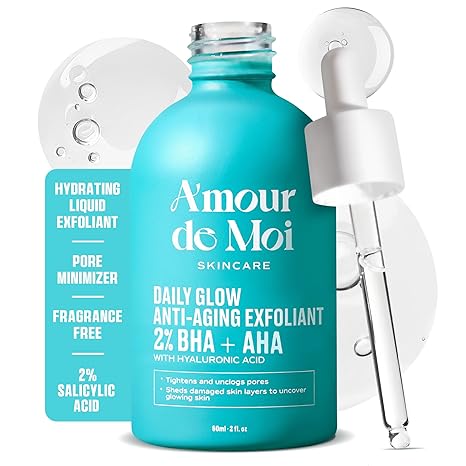 Amour De Moi 2% BHA AHA Liquid Exfoliant - Salicylic Acid Serum - Pore Minimizer, Gentle Peel for Blackheads & Wrinkles with Hyaluronic Acid, Fragrance-Free, Hydrating for All Skin Types, 2oz Exfoliator