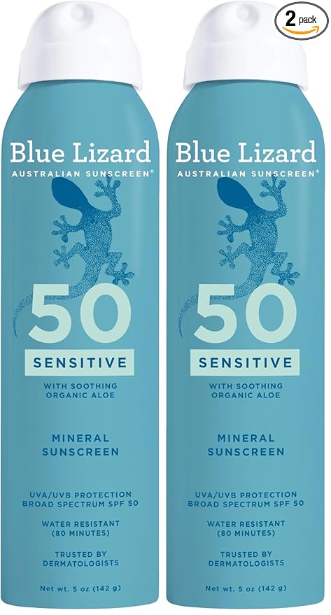 BLUE LIZARD Blue Lizard Mineral Sunscreen Spray, SPF 50+ | Zinc Oxide Formula | Water-Resistant | Dermatologist-Recommended | 5 fl oz Pack of 2 Sunscreen