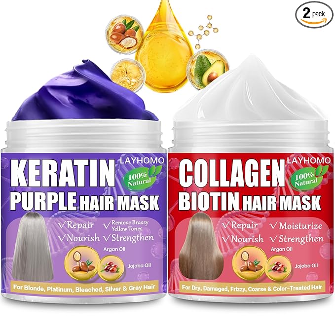 Layhomo Keratin Hair Treatment-Purple Hair Mask Remove Brassy Yellow for Blonde,Platinum,Bleached Hair & Collagen Hair Mask With Biotin for Dry Damaged Hair,Natural Deep Conditioner with Argan Oil,Jojoba Oil skincare