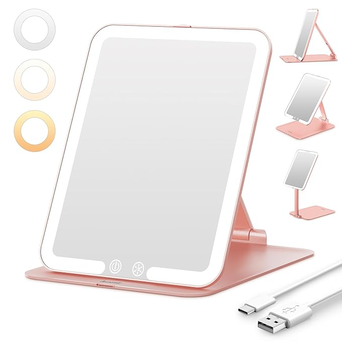 Auxmir Auxmir Travel Makeup Mirror with Light, Portable Folding Lighted Travel Makeup Mirrot with 72 LEDs, Rechargeable Compact Vanity Mirror with 3 Dimmable Color Lights, Adjustable Stand, Rose Gold skincare