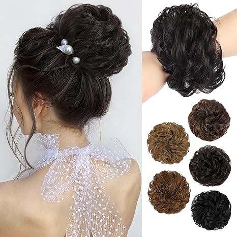 HMD HMD 100% Human Hair Bun Messy Bun Extensions Messy Rose Bun Hair Piece Curly Hair Bun with Elastic Band Bun Extensions Tousled Updo Hairpieces for Women(Brown Black) skincare