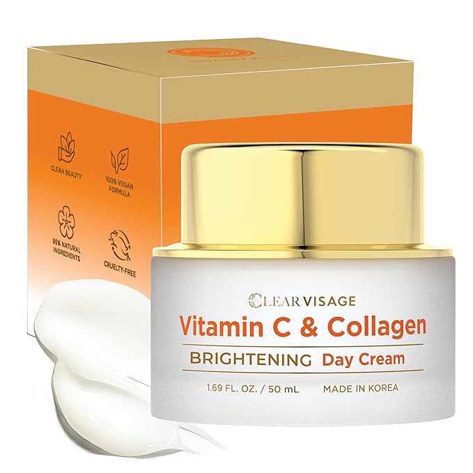 Clear Visage Vitamin C & Collagen Face Moisturizer –Dermatologist Tested, Anti Aging Day Cream, Korean Skin Care – Hydrating, Firming & Plumping – Vegan, Clean Beauty, Cruelty-Free – 1.69 Fl Oz Moisturiser