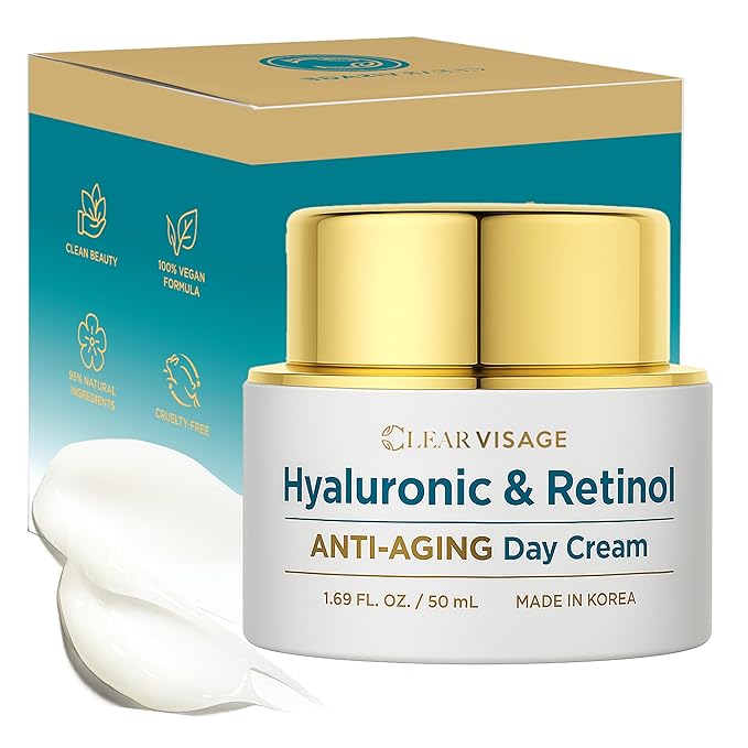 Clear Visage Hyaluronic Acid & Retinol Face Moisturizer - Dermatologist Tested, Anti Aging, Korean Skin Care - Hydrates, Smooths Fine Lines, Strengthens Barrier - Vegan, Clean Beauty - 1.69 Fl. Oz. Moisturiser