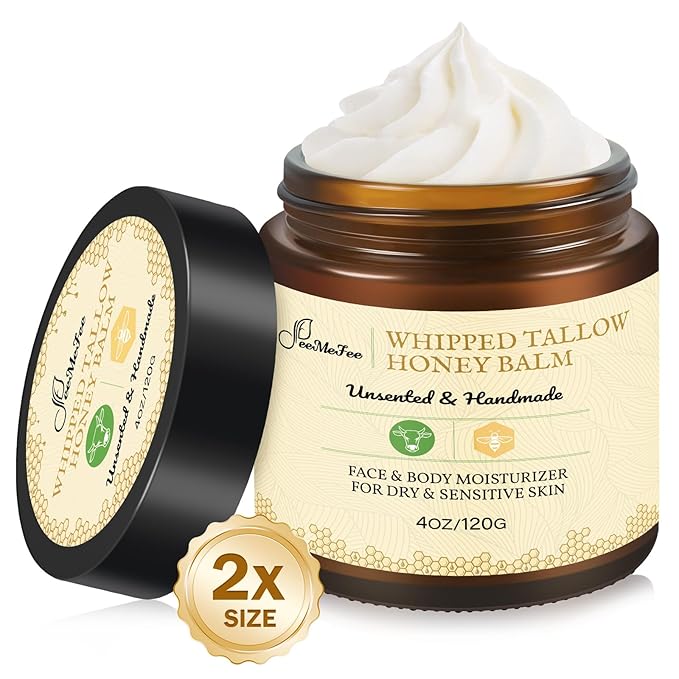 FeeMeFee Beef Tallow for Skin 4oz | Tallow And Manuka Honey Balm | Unscented Tallow Face Moisturizer | Beef Tallow for Face | Organic Grass Fed Beef Tallow Balm | Whipped Beef Tallow Lotion Face Cream Moisturiser