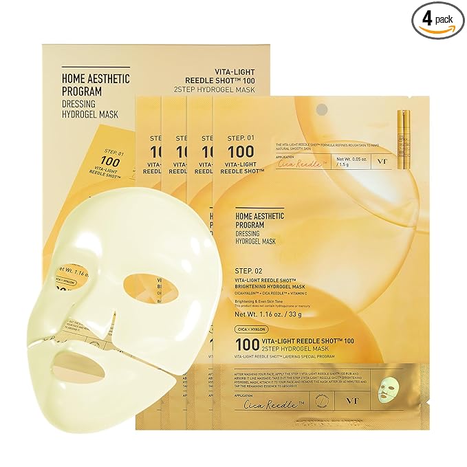 VT COSMETICS VT COSMETICS Vita-Light Reedle Shot 100 2-Step Hydrogel Mask(34.5gx4ea), Intensive Glowing, Exosome Glutathione Face Mask, Overnight Melting Mask, Korean Facial Mask skincare