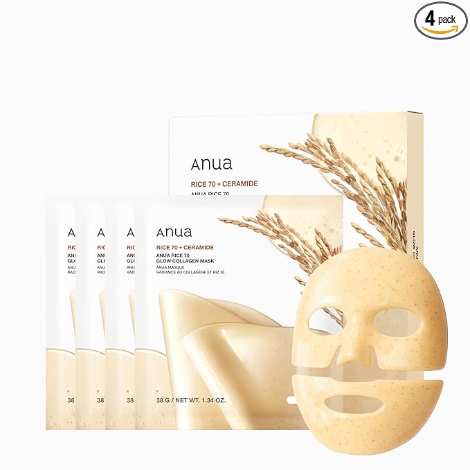 ANUA ANUA Rice 70 Glow Collagen Mask, Overnight Face Mask for Glass Skin, Ceramide, Collagen Facial Mask, Skin Moisture Barrier, Tightening Care, Natural Color, Korean Skin Care (38g, 4ea) Korean face wash
