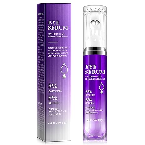 Btefls Eye Treatment Serum - 8% Caffeine & Retinol, Hyaluronic Acid, Niacinamide, Peptides - Cream for Dark Circles, Puffy Eyes, Fine Lines - 360° Eye Roller Massage Ball Included, 0.5 fl. oz Serum