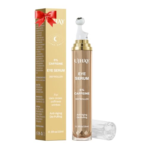 UJhay UJHAY 5% Caffeine Eye Cream, Under Eye Serum for Dark Circles, Puffiness & Wrinkles Fine Lines, Eye Roller Serum with 360° Massage Ball, Eye Treatment Balm for Men & Women Serum