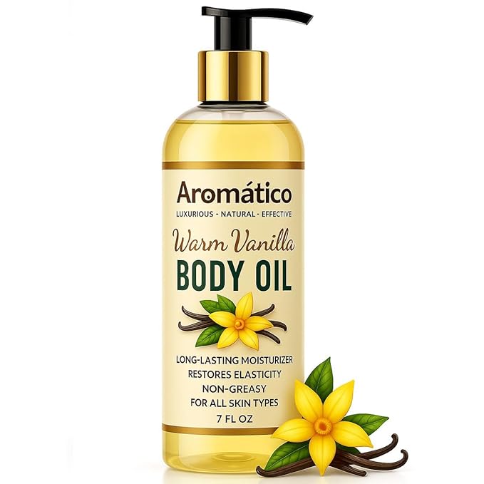 Aromatico Warm Vanilla Body Oil for Women - Moisturizing After Shower Body Oil | Cozy, Creamy Vanilla Scent Moisturiser