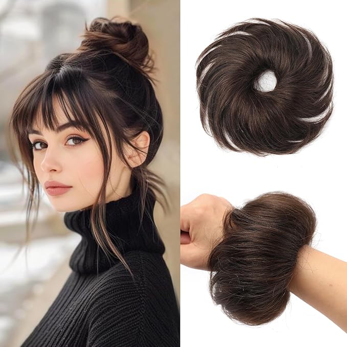 FGZJMAE Messy Bun Hair Piece Human Hair Natural Curly Dark Brown Tousled Smooth Stretchy Fluffy Donut Updo Elastic Rubber Band Human Hair Chignons Scrunchies Hair Bun(1 Count #2 Darkest Brown) skincare
