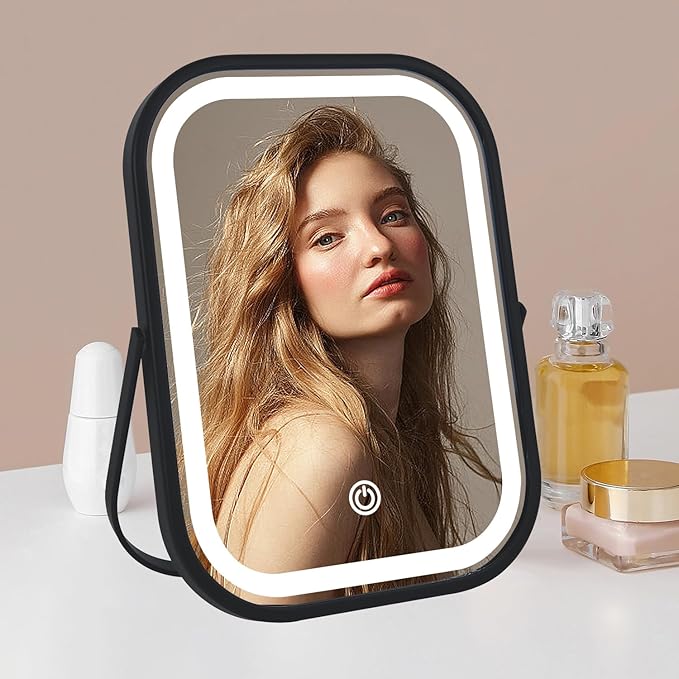 YEKKOPT YEKKOPT Travel Mirror with Lights, Small LED Makeup Mirror with Lights,Portable Desk Mirror 1200mAh Battery,3 Color Modes,Dimmable Touch Screen, Tabletop Folding Compact Mirror,Women Gift skincare