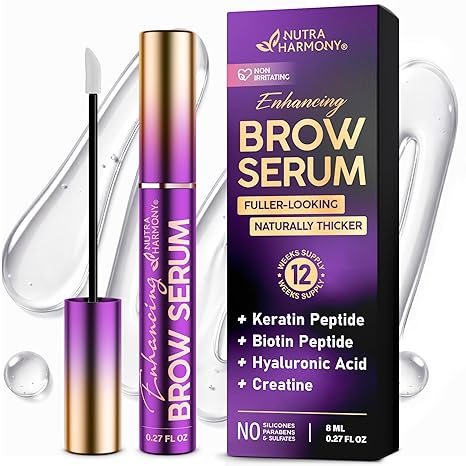 NUTRAHARMONY Eyebrow Growth Serum – Peptide Brow Serum for Fuller, Thicker Looking Brows – Biotin & Hyaluronic Acid Conditioning Formula for Sparse, Thin & Patchy Brows, Lightweight Advanced Brow Care, 0.27 fl oz Serum