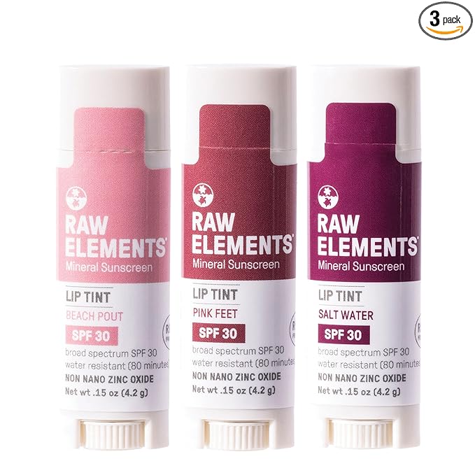 Raw Elements Raw Elements Tinted Lip Beach Pout, Pink Feet, Salt Water SPF 30 .15 oz Sunset Pack Makeup/Base