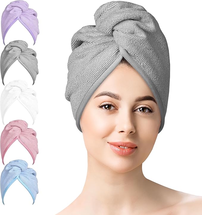 YoulerTex YoulerTex Microfiber Hair Towel Wrap Set: 5 Packs Turban Towel & Shower Cap for Women\