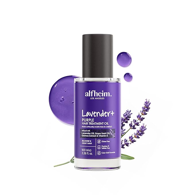 ALFHEIM ALFHEIM Lavender+ Purple Hair Oil for Blonde, Silver & Color-Treated Hair – Anti-Brass & Frizz Control Serum – Restores Shine, Smoothness & Cool Radiance – with Grape Seed Oil – 3.38 oz / 100 ml Serum