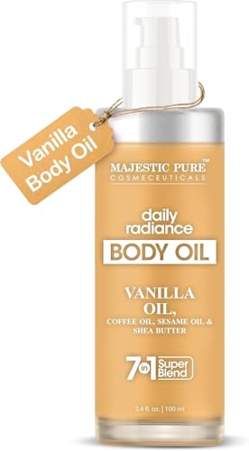 Majestic Pure Majestic Pure Vanilla Body Oil - 100% Pure & Natural with Shea Butter, Coffee, Sesame Oils- After Shower Body Oils for Women and Men - Scented, Radiant, Firming Massage Oil - 3.4 Fl Oz skincare