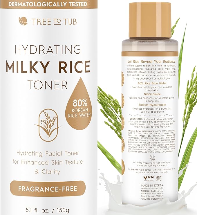 Tree To Tub Tree To Tub Rice Toner Korean Formula for Face to Enhance Skin’s Natural Glow w/Ceramide NP & Niacinamide - 80% Rice Bran Water Hydrating Toner for Dry, Dehydrated Skin Korean face wash