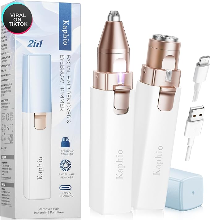 KAPHIO KAPHIO Facial Hair Removal for Women: 2 in 1 Electric Hair Removal Device for Chin Upper Lip Peach Fuzz & Rechargeable Eyebrow Trimmer for Shape Brows with Light (Blue) skincare