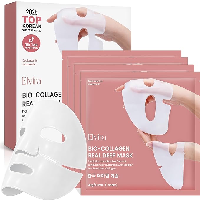 Elvira Elvira Bio-Collagen Real Deep Mask, Overnight Hydrating Face Mask with Hyaluronic Acid, Korean Skincare Face Mask for Moisturizing and Firming, Face Masks Sheet for All Skin Types, 4 Pack Korean face wash