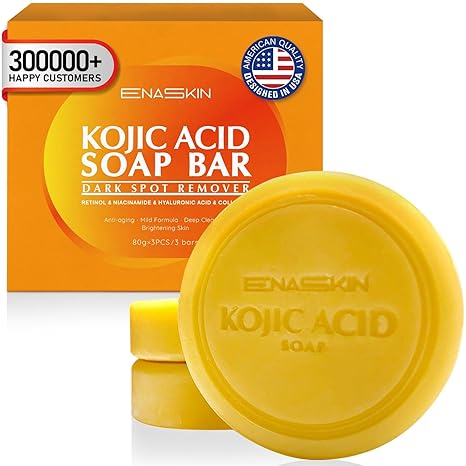 EnaSkin Kojic Acid Soap Dark Spot Remover: 3 Pack Turmeric Soap Bars with Vitamin C/Retinol/Collagen/Hyaluronic Acid - Moisturizing for Body & Face/Acne Scars/Melasma/Uneven Skin Tone Moisturiser