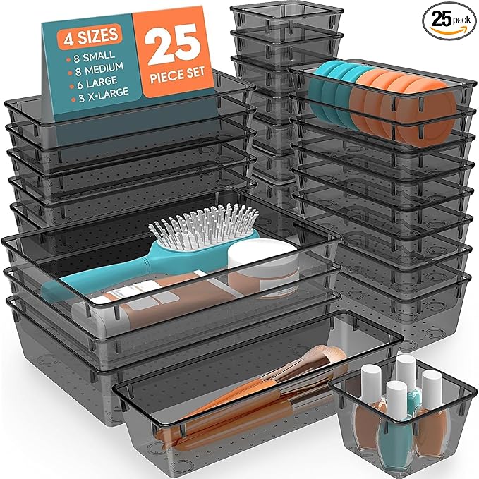 SpaceHacks 25 PCS Plastic Drawer Organizer Set, 4-Size Versatile Organizer Trays & storage Bins skincare