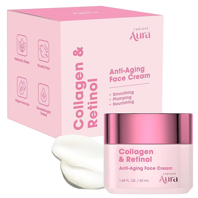 Radiant Aura Collagen & Retinol Face Cream – Dermatologist Tested, Anti Aging, Korean Skin Care – Firming, Anti Wrinkle, Hydrating Moisturizer, Pore Care – Vegan, Clean Beauty – 1.69 Fl Oz Moisturiser