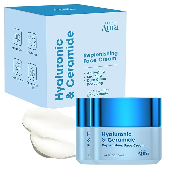 Radiant Aura Hyaluronic Acid & Ceramide Face Moisturizer – Dermatologist Tested, Anti Aging, Korean Skin Care – Hydrating Face Cream, Softens Wrinkles, Non Greasy Feel – Vegan, Clean – 1.69 Fl. Oz Moisturiser