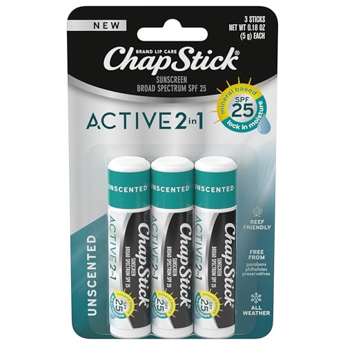 ChapStick ChapStick Active 2-in-1 Unscented Flavored Lip Balm Tubes with Mineral Based SPF 25 Sunscreen - 0.18 Oz (Pack of 3) Sunscreen