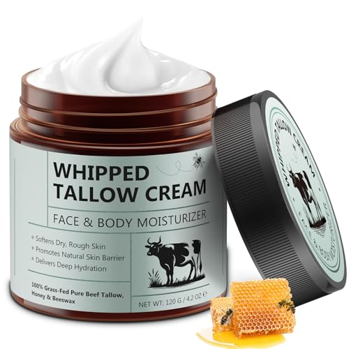 HUALIJIA Beef Tallow for Skin, Tallow and Honey Balm (4.2 Oz), Tallow Face Moisturizer, Organic Grass Fed Whipped Beef Tallow with Honey Beeswax, Deeply Moisturizing for Face & Body, Unscented Fast Absorption Moisturiser