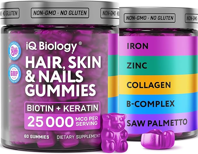 IQ BIOLOGY Biotin Gummies for Hair, Skin and Nails - Hair Growth Vitamins for Women & Men - Hair Loss Gummy Supplement with Extra Strength Biotin (Vitamin B7), Collagen, Keratin & DHT Blocker - 60 Chewable Bears skincare