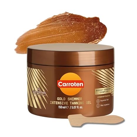 Carroten Carroten Gold Shimmer Tanning Gel | Browning Tan Accelerator | Non-Greasy, Water-Resistant with Carrot & Coconut Oil | Vitamin A & E For Moisture & Hydration | 5 Fl Oz + Spatula Moisturiser