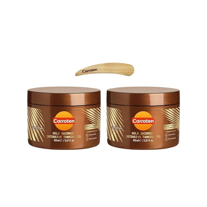 Carroten Carroten Gold Shimmer Tanning Gel | Browning Tan Accelerator | Non-Greasy, Water-Resistant with Carrot & Coconut Oil | Vitamin A & E For Moisture & Hydration | 5 oz (2 Pack) + Spatula Moisturiser