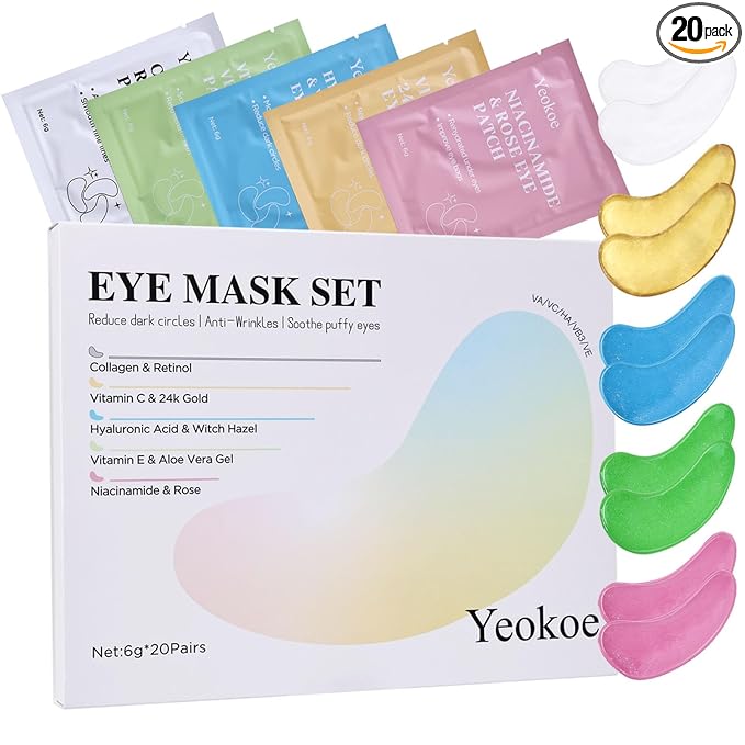 Yeokoe Under Eye Patches for Dark Circles,Eye Mask for Puffy Eyes With Collagen,Retinol,Vitmin C,Hyaluronic Acid and Niacinamide Face Masks Skincare Spa Gifts for Woman 20Pairs skincare