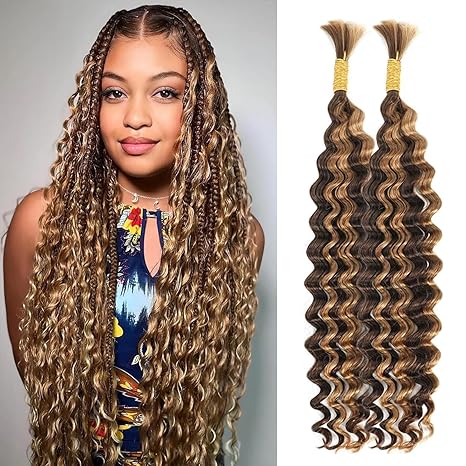 Boopwine Ombre Human Braiding Hair for Boho Braids 2 Bundles 110g 24 Inch 4/27 Highlight Deep Wave Bulk Human Boho Hair for Braiding No Weft Bundle 100% Brazilian Hair Extensions Curly for Boho Knotless Braids skincare