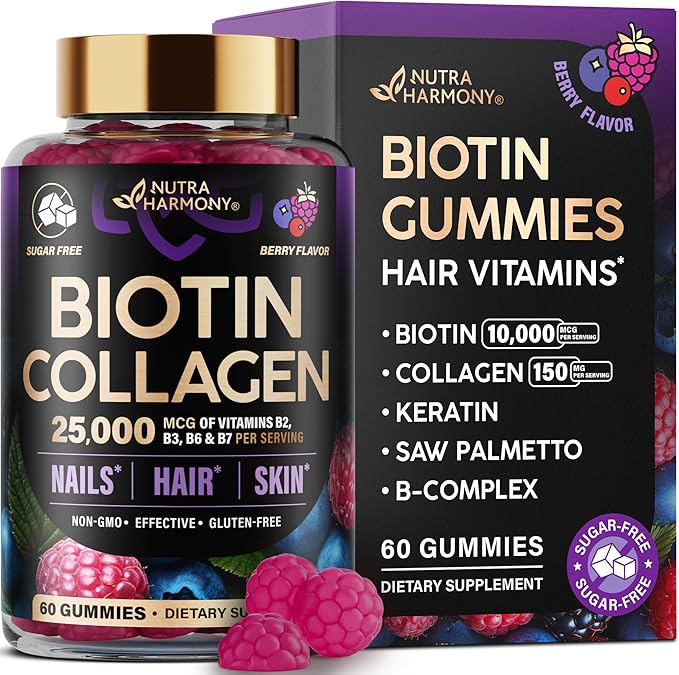 NUTRAHARMONY Biotin Gummies with Collagen - Hair Growth Support Skin, & Nail Strength - for Women & Men - Biotin 10000mcg | Keratin | Hyaluronic Acid | B-Complex | Saw Palmetto - Sugar-Free, Mixed Berry - 60 Gummy Exfoliator