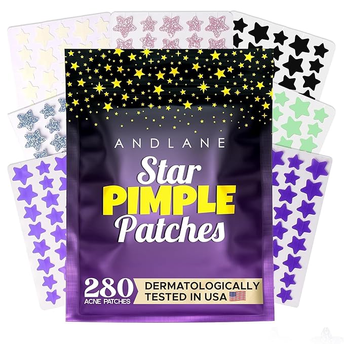 Andlane 280Pcs Star Pimple Patches for Face - Pimple Patches Cute Stars - Hydrocolloid, Salicylic Acid, Tea Tree Oil, Centella - Glitter, Regular, Glow in the Dark, Translucent 7 Colors, 3 Sizes Zit Stickers skincare