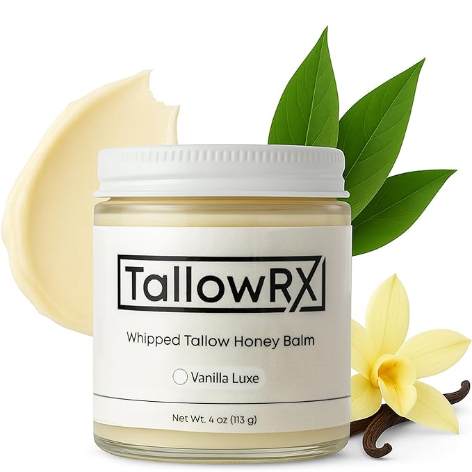 TALLOWRX 100% Grass-Fed Beef Tallow for Skin – Whipped Tallow Honey Balm, Pure & Organic Moisturizer for Face & Body with Manuka Honey, Jojoba & Calendula – Deep Hydration & Soothing (4 oz, Vanilla Scented) Moisturiser