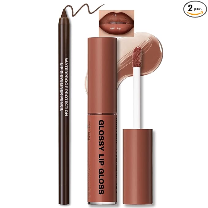 HOSAILY Nourishing Lip Gloss with Brown Lip Liner Lip Combo Set, Moisturizing High Shine Nude Lip Glow Oil Fresh Lightweight Glossy Plumping Lip Gloss for Women Long Wear Mini Liquid Lipstick Makeup#8 Korean face wash
