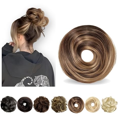 Charmele Messy Bun Hair Piece Human Hair, Human Hair Bun, Messy Bun Scrunchie Updo Hairpieces Donut, Real Hair Bun Wig, Hairpiece for Women Medium Brown Mixed Honey Blonde skincare