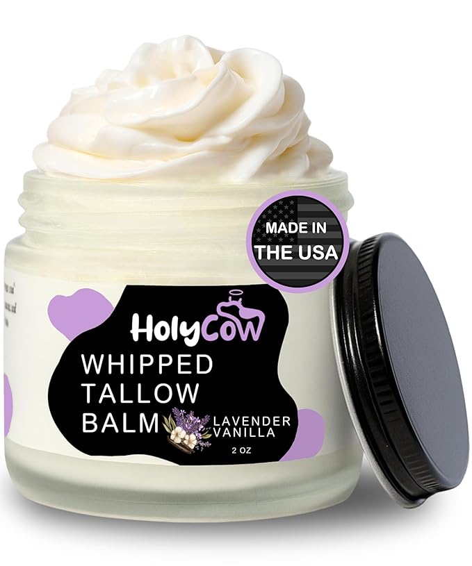 HolyCow HolyCow Beef Tallow For Skin - Whipped Tallow Balm with Organic Jojoba Oil, Grass Fed Beef Tallow Face Moisturizer for Eczema, Baby, Lip Balm - Lotion For Extremely Dry Skin (Lavender Vanilla) Moisturiser