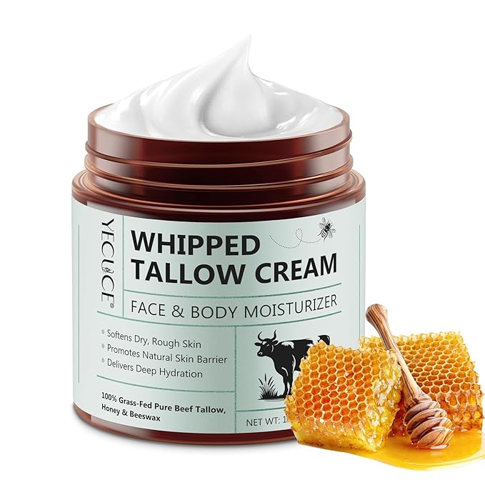 Cacukn Whipped Beef Tallow for Skin, Organic Face Moisturizer with Grass Fed Beef Tallow & Raw Honey, Deeply Moisturizes Face & Body, Reduces Skin Irritation and Sensitivity, 4.2 Oz Moisturiser