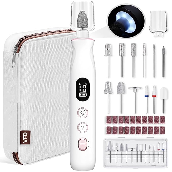 VFD Electric Nail Drill, Cordless 2000 mAh Rechargeable Portable Nail File 12 in 1 Kit for Thick Toenails, 10 Speeds Nail Dril Machine Professional Manicure Pedicure for Hand Natural Nails Care (White) skincare