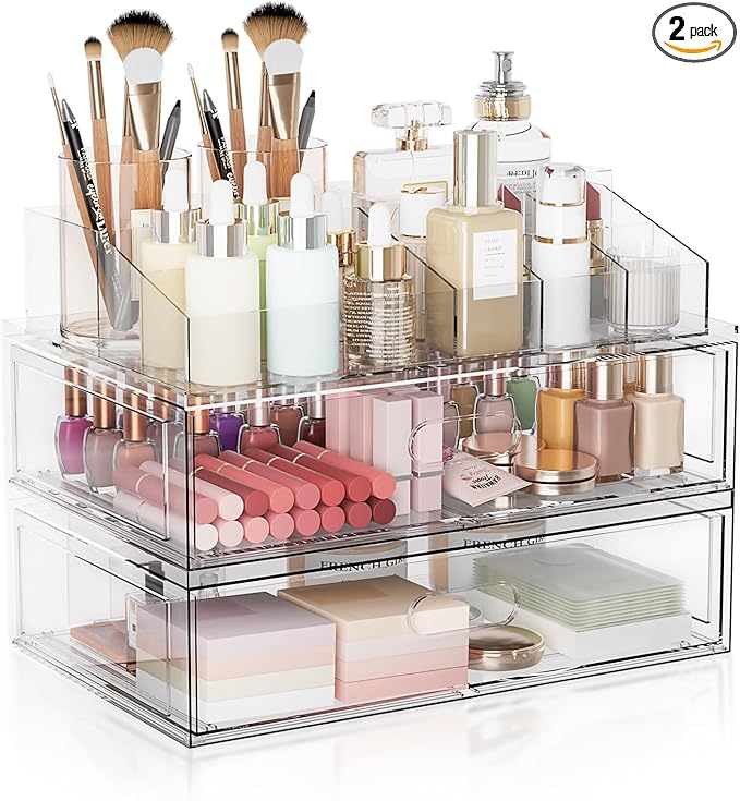 Aurblozen Clear Stackable Makeup Organizer with Drawer, 12
