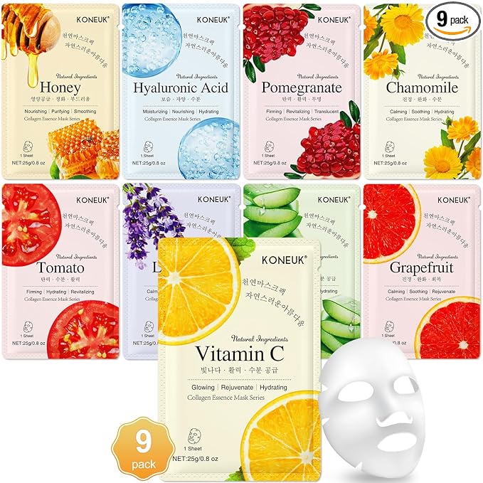 KONEUK 9 Pack Collagen Face Masks Skincare for Women, Hydrating Sheet Face Masks Suitable for All Skin Types, Bulk Facial Masks for Women Skin Care, Face Mask Gifts Set for Spa Party skincare