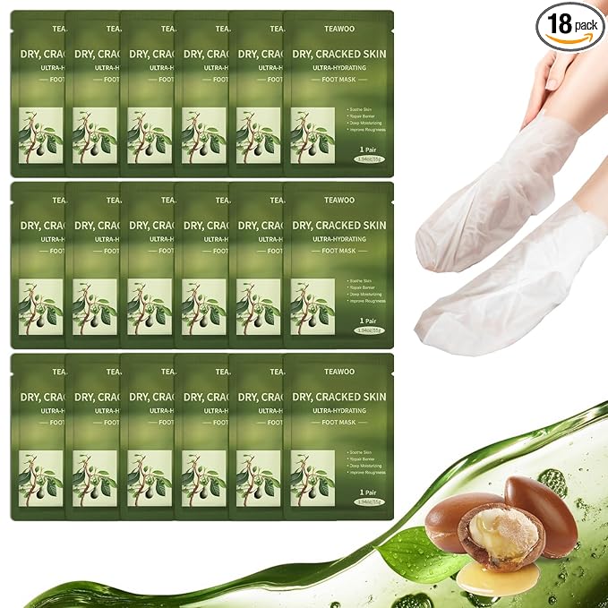 TEAWOO 18 Pairs Moisturizing Foot Masks with Shea Butter, Jojoba Oil, Vitamin E & Urea, Intensely Hydrating Foot Mask For Dry Cracked Feet, Moisturizing Socks for Cracked Heel Treatment Korean face wash